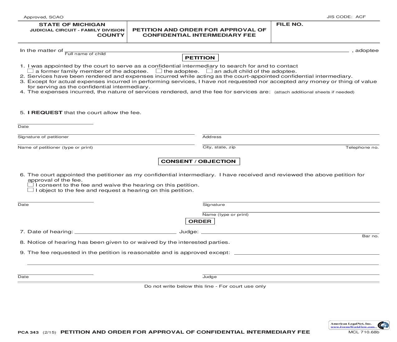 Petition And Order For Approval Of Confidential Intermediary Fee {PCA 343} | Pdf Fpdf Doc Docx | Michigan
