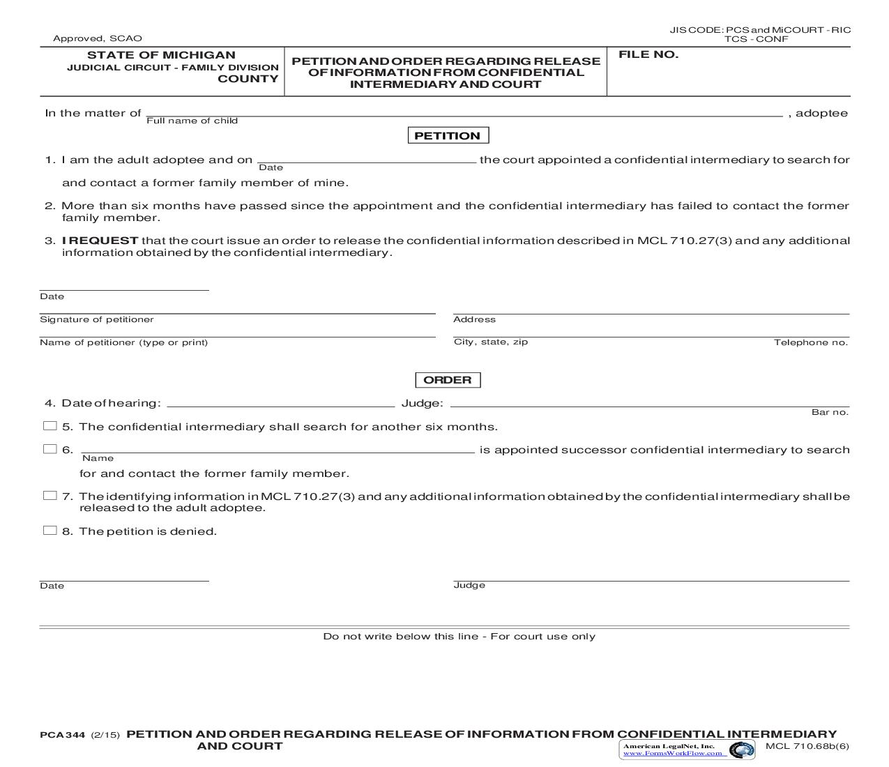 Petition And Order For Release Of Information From Confidential Intermediary And Court {PCA 344} | Pdf Fpdf Doc Docx | Michigan