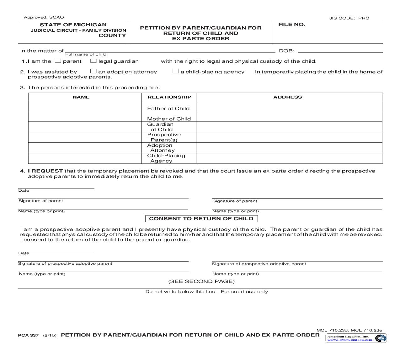 Petition By Parent Or Guardian For Return Of Child And Ex Parte Order {PCA 337} | Pdf Fpdf Doc Docx | Michigan