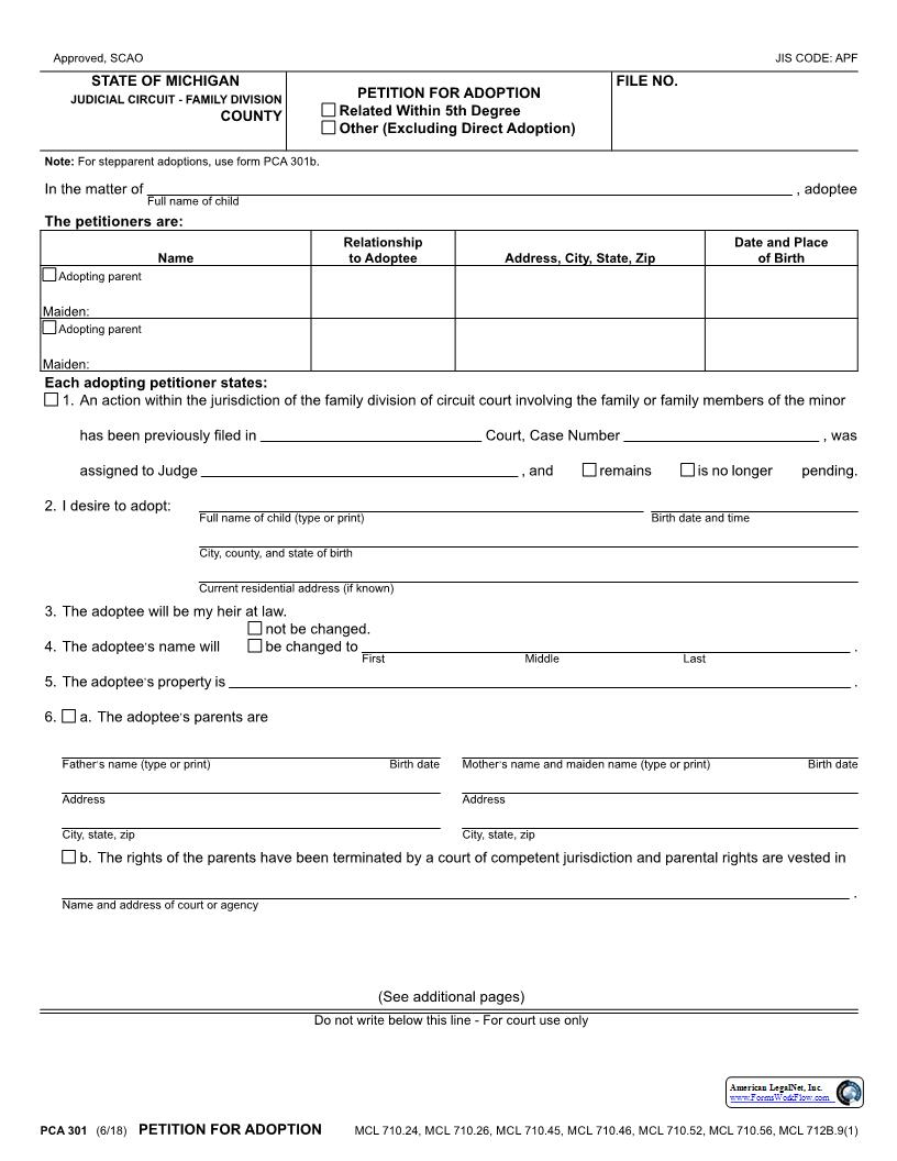 Petition For Adoption {PCA 301} | Pdf Fpdf Docx | Michigan