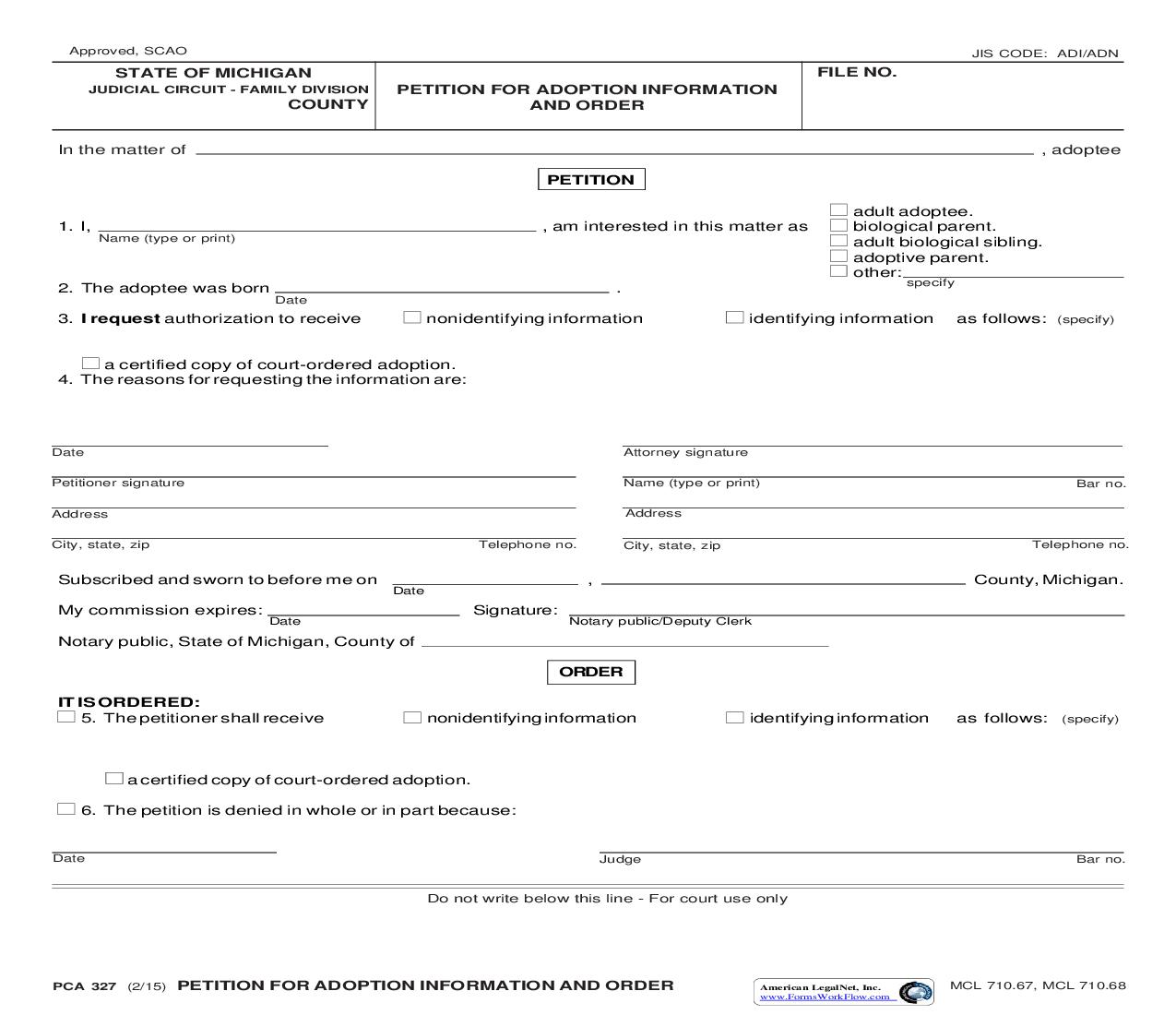 Petition For Adoption Information And Order {PCA 327} | Pdf Fpdf Doc Docx | Michigan