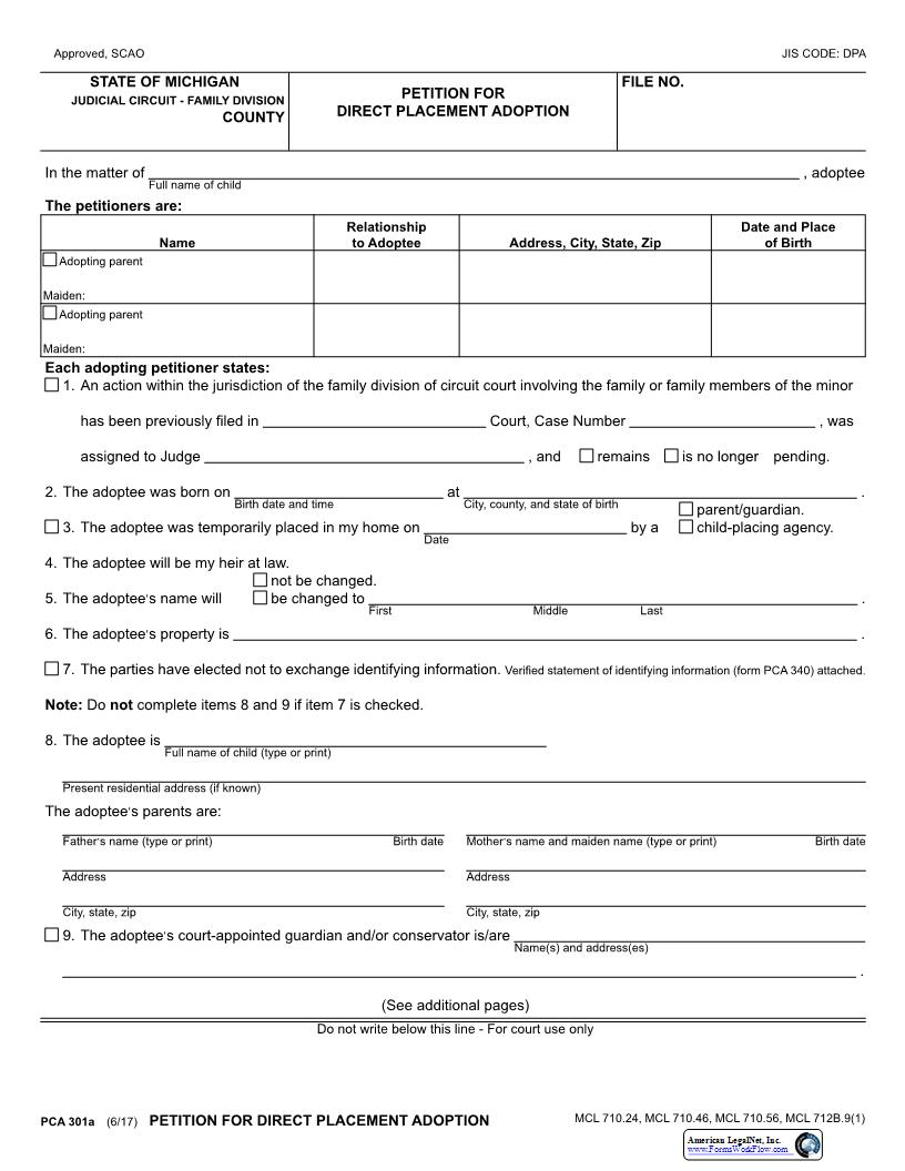 Petition For Direct Placement Adoption {PCA 301a} | Pdf Fpdf Docx | Michigan