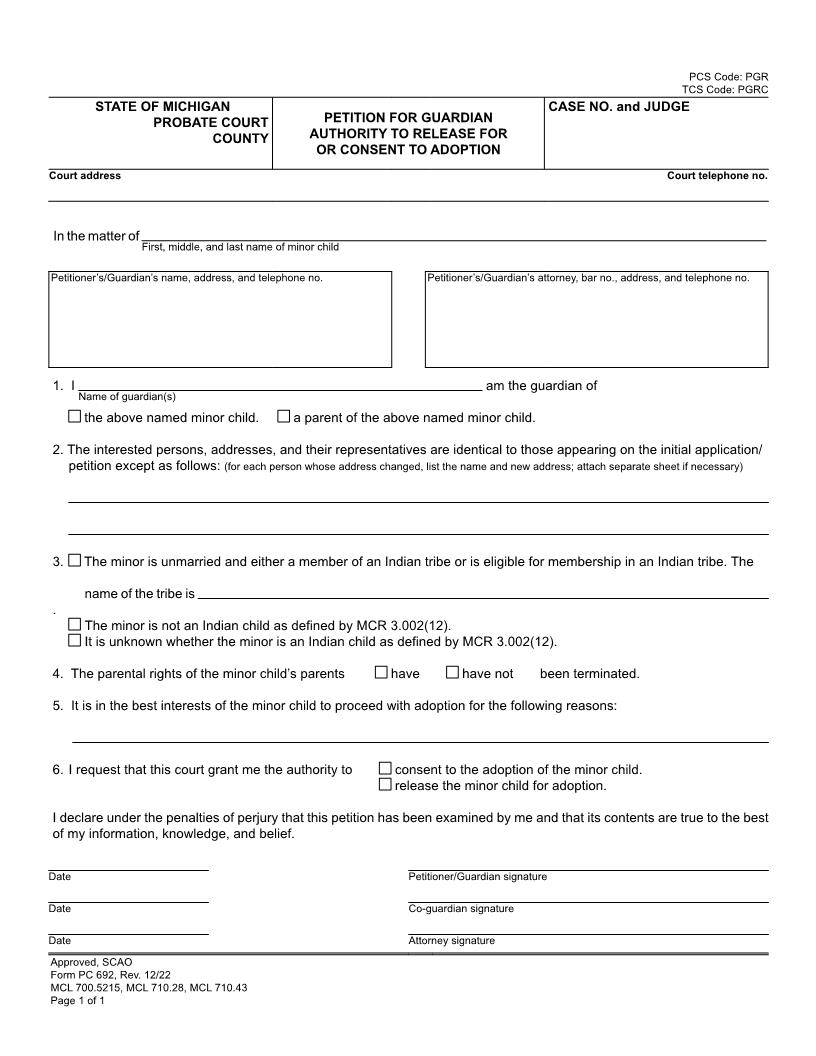 Petition For Guardian Authority To Release For Or Consent To Adoption {PC 692} | Pdf Fpdf Docx | Michigan