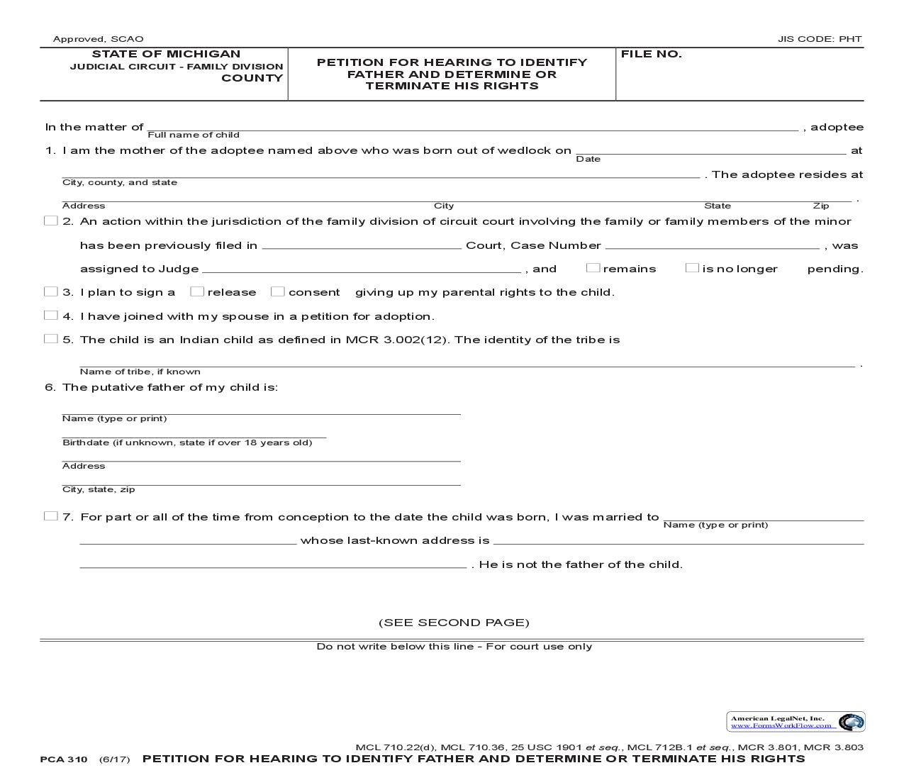 Petition For Hearing To Identify Father And Determine Or Teminiate His Rights {PCA 310} | Pdf Fpdf Doc Docx | Michigan