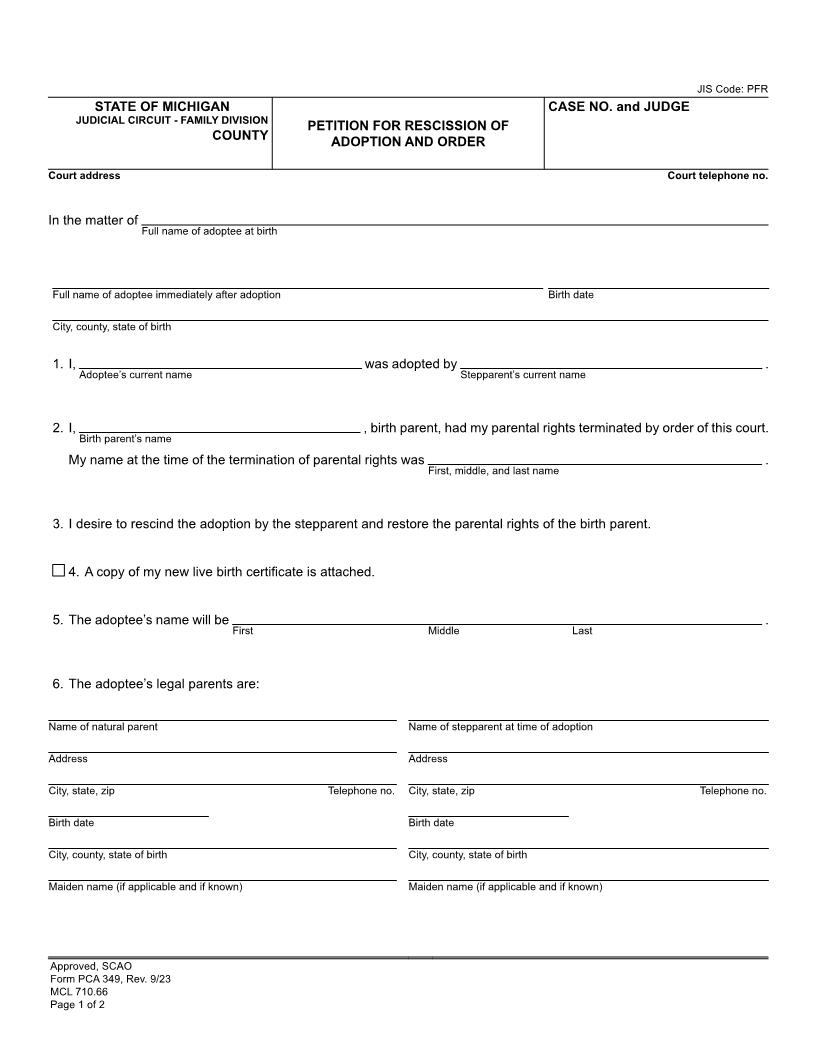 Petition For Rescission Of Adoption And Order {PCA 349} | Pdf Fpdf Docx | Michigan