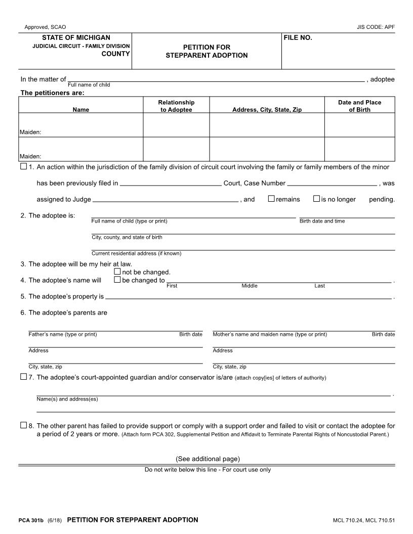 Petition For Stepparent Adoption {PCA 301b} | Pdf Fpdf Docx | Michigan
