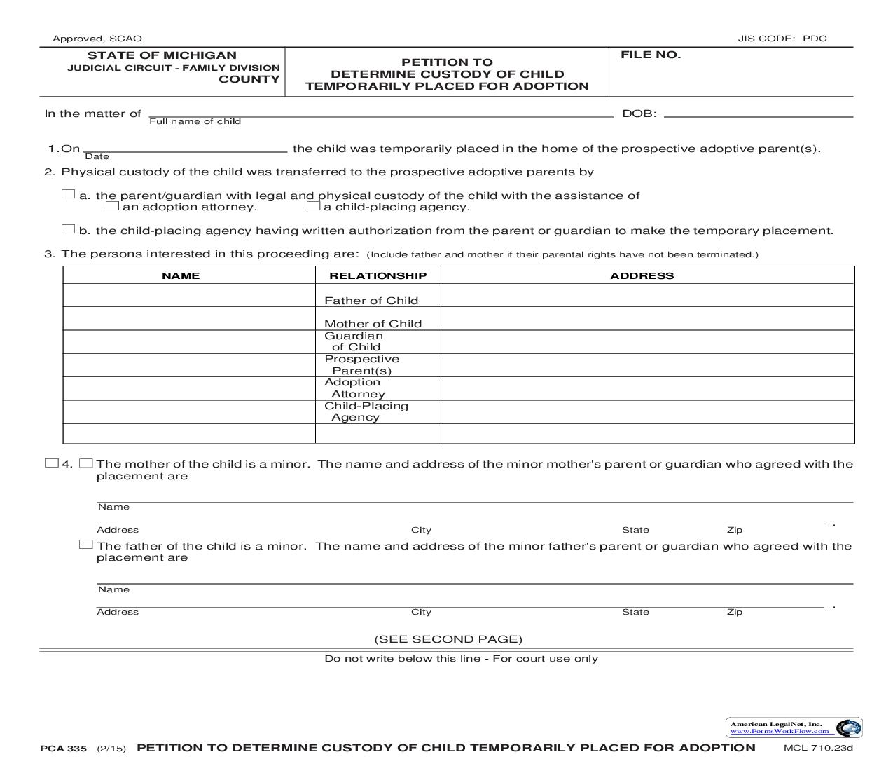 Petition To Determine Custody Of Child Temporarily Placed For Adoption {PCA 335} | Pdf Fpdf Doc Docx | Michigan