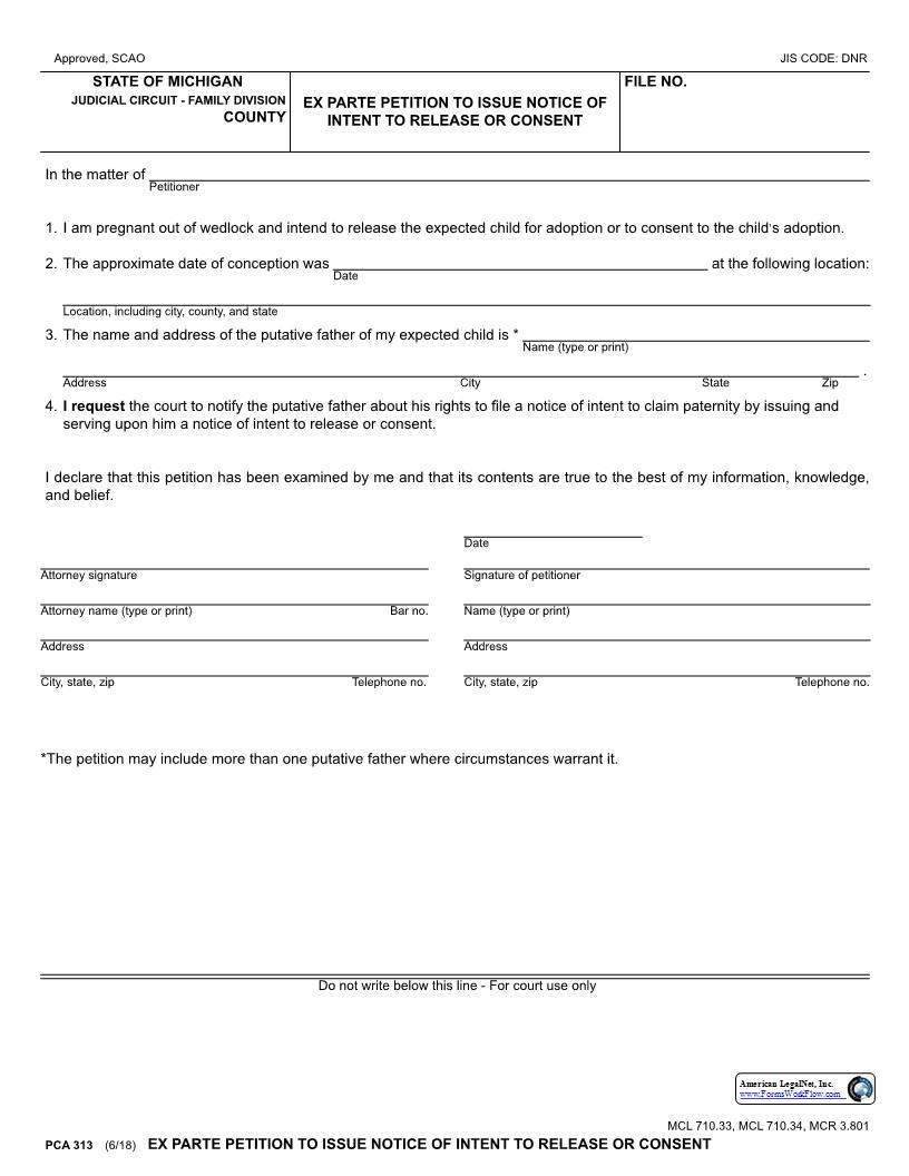 Petition To Issue Notice Of Intent To Release Or Consent {PCA 313} | Pdf Fpdf Docx | Michigan