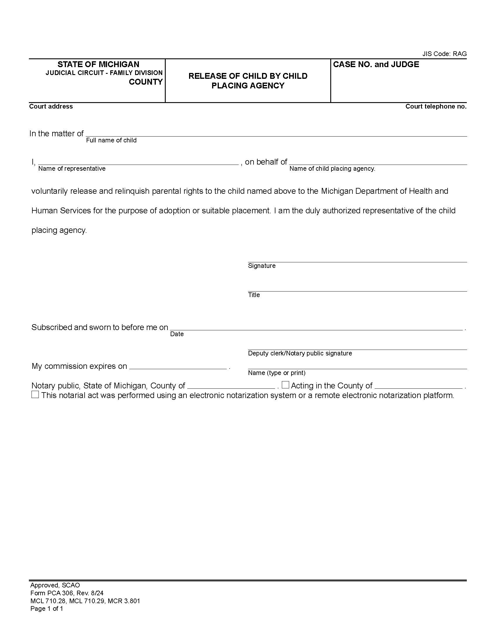 Release Of Child By Child Placing Agency {PCA 306} | Pdf Fpdf Doc Docx | Michigan