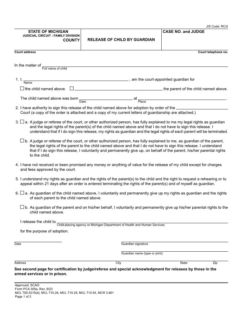 Release Of Child By Guardian {PCA 305a} | Pdf Fpdf Doc Docx | Michigan