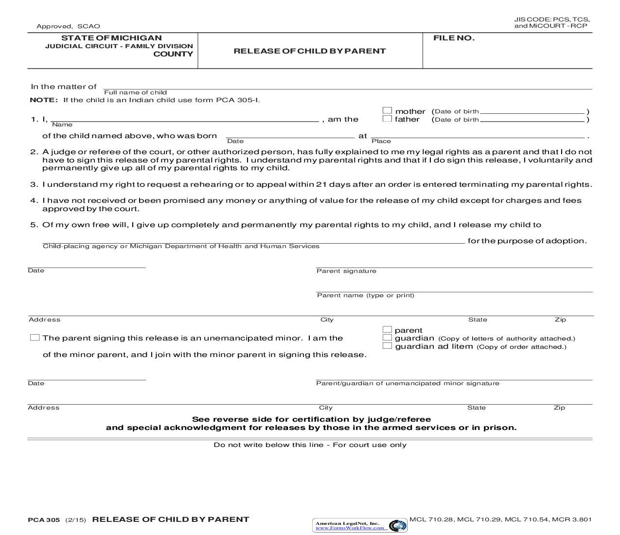Release Of Child By Parent {PCA 305} | Pdf Fpdf Doc Docx | Michigan
