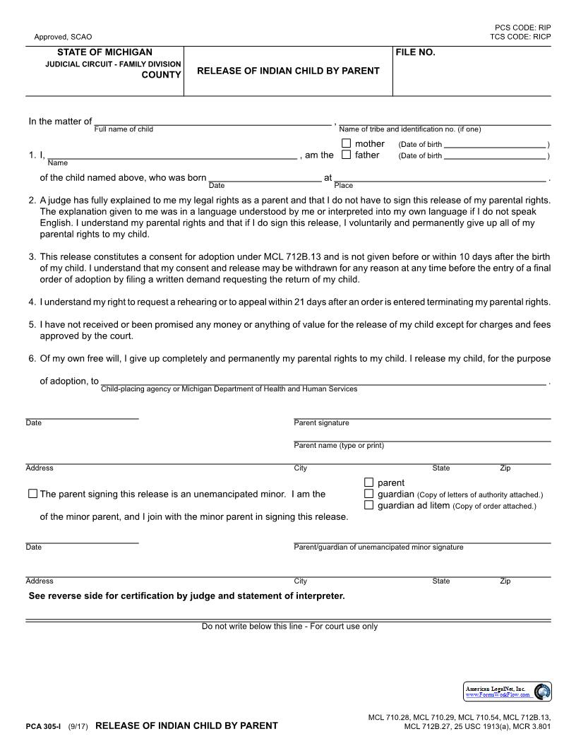 Release Of Indian Child By Parent {PCA 305-I} | Pdf Fpdf Docx | Michigan