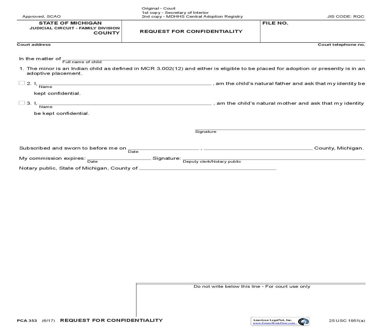 Request For Confidentiality {PCA 353} | Pdf Fpdf Doc Docx | Michigan
