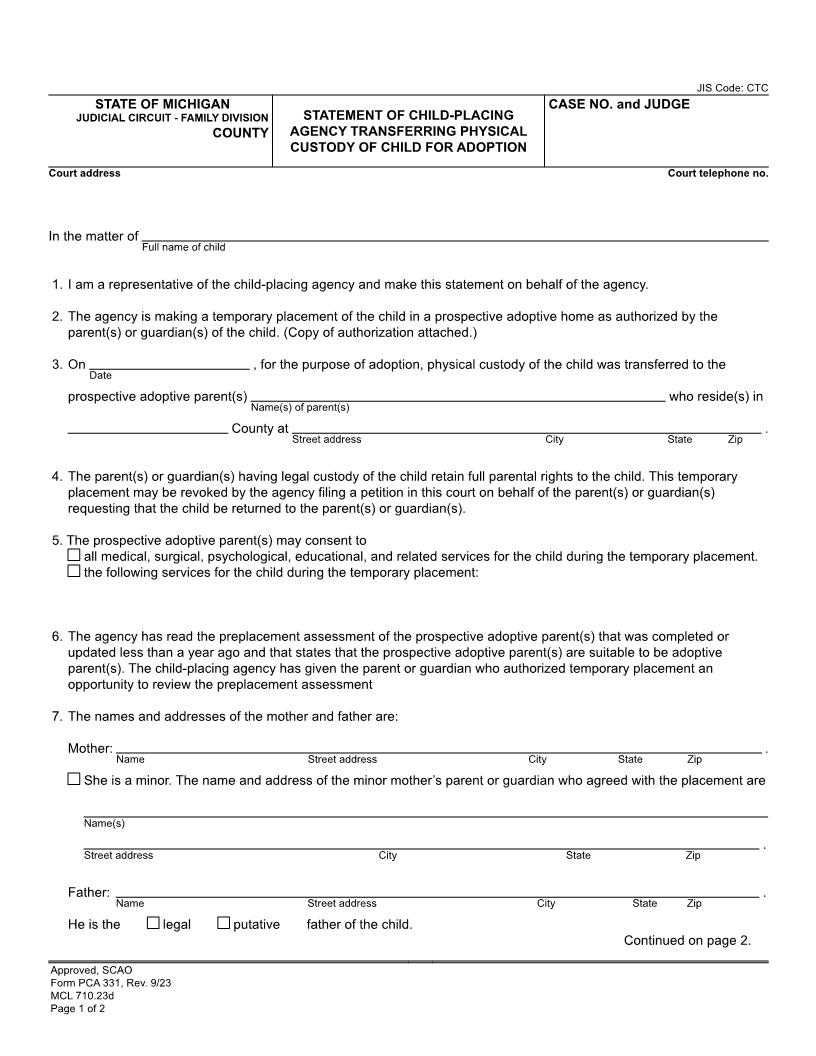 Statement Of Child Placing Agency Transferring Physical Custody Of Child For Adoption {PCA 331} | Pdf Fpdf Doc Docx | Michigan