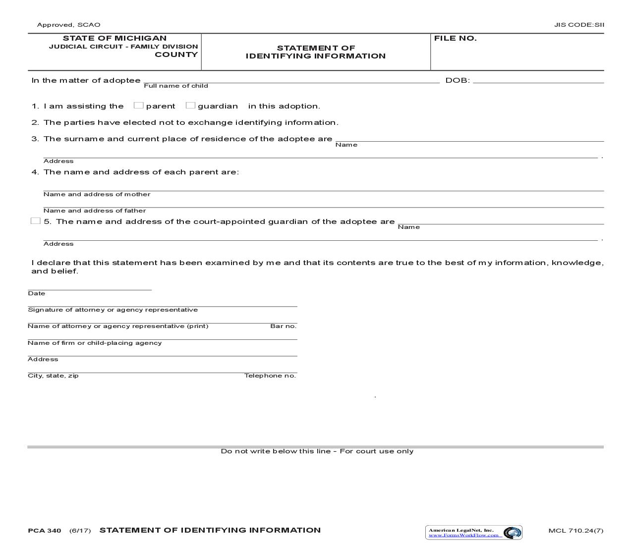 Statement Of Identifying Information {PCA 340} | Pdf Fpdf Doc Docx | Michigan