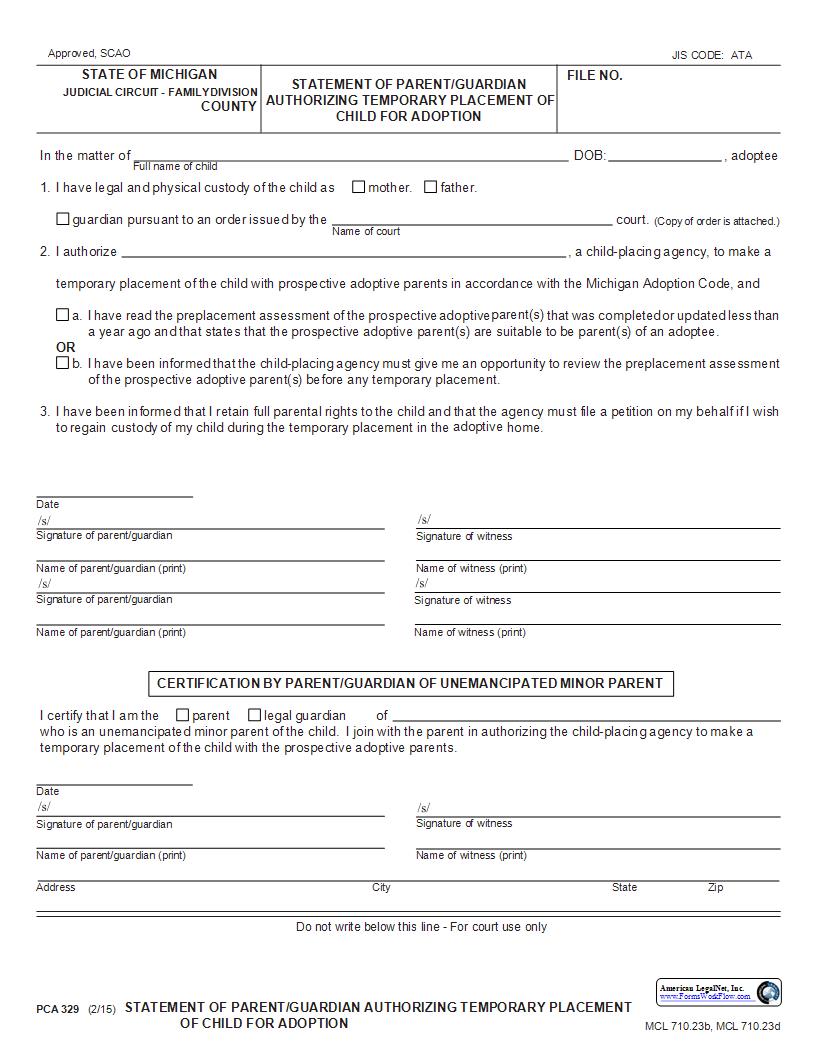 Statement Of Parent Or Guardian Authorizing Temporary Placement Of Child For Adoption {PCA 329} | Pdf Fpdf Docx | Michigan