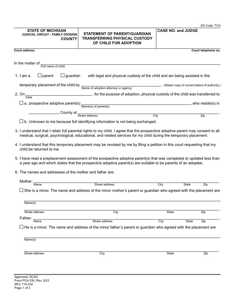 Statement Of Parent Or Guardian Transferring Physical Custody Of Child For Adoption {PCA 330} | Pdf Fpdf Doc Docx | Michigan