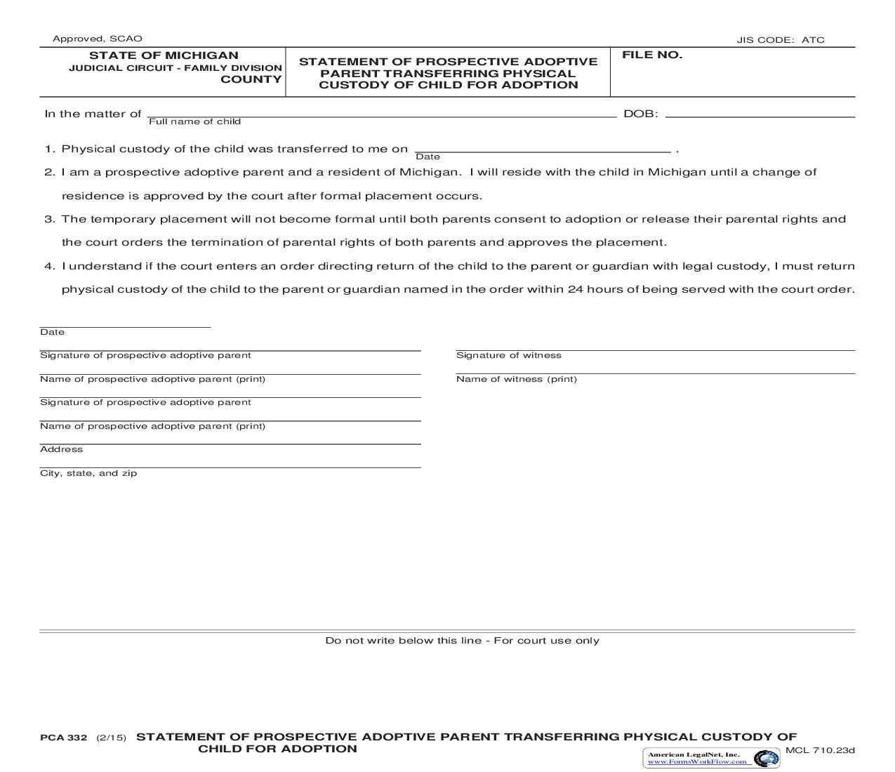 Statement Of Prospective Adoptive Parent Transferring Physical Custody Of Child For Adoption {PCA 332} | Pdf Fpdf Doc Docx | Michigan
