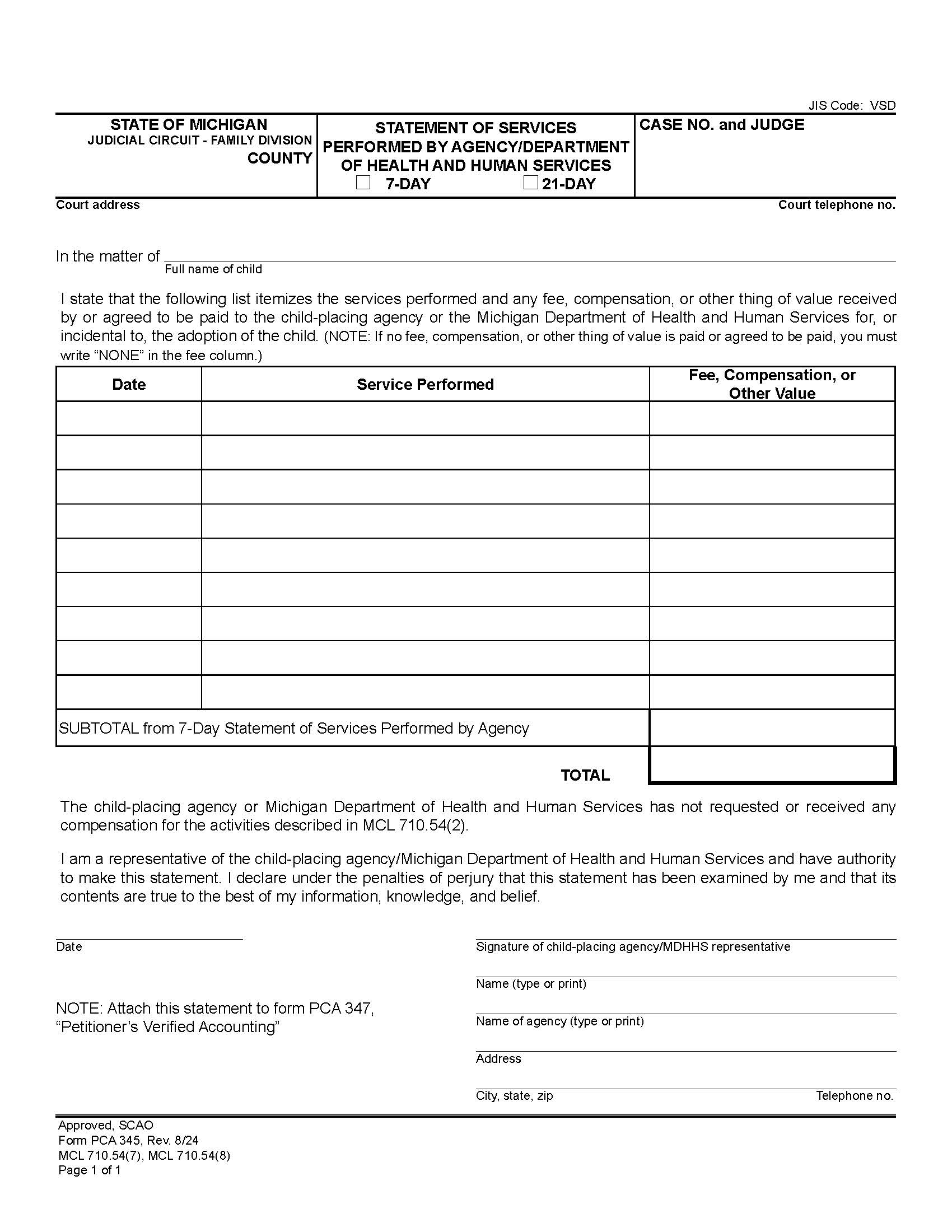 Statement Of Services Performed By Agency Or Family Independence Agency {PCA 345} | Pdf Fpdf Doc Docx | Michigan