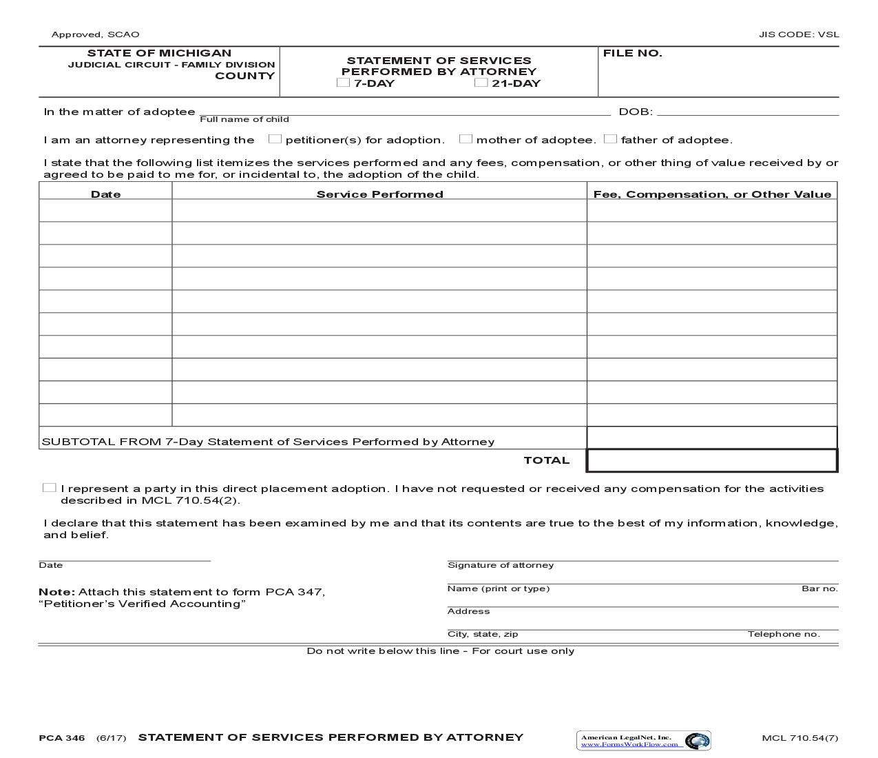 Statement Of Services Performed By Attorney {PCA 346} | Pdf Fpdf Doc Docx | Michigan