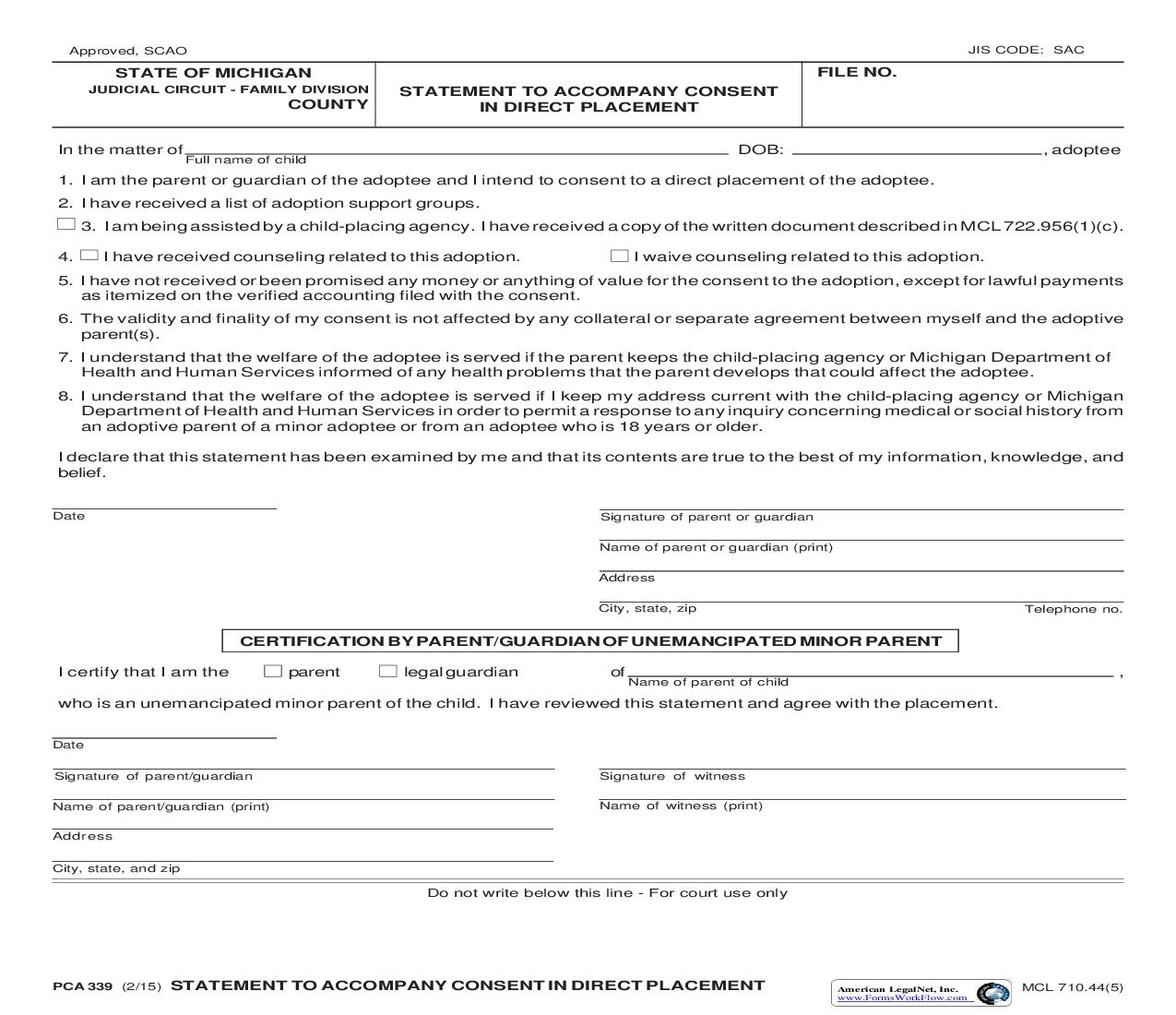 Statement To Accompany Consent In Direct Placement {PCA 339} | Pdf Fpdf Doc Docx | Michigan