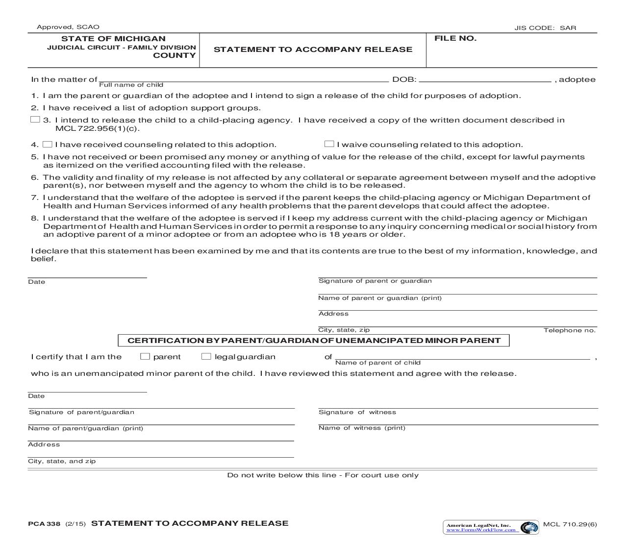 Statement To Accompany Release {PCA 338} | Pdf Fpdf Doc Docx | Michigan