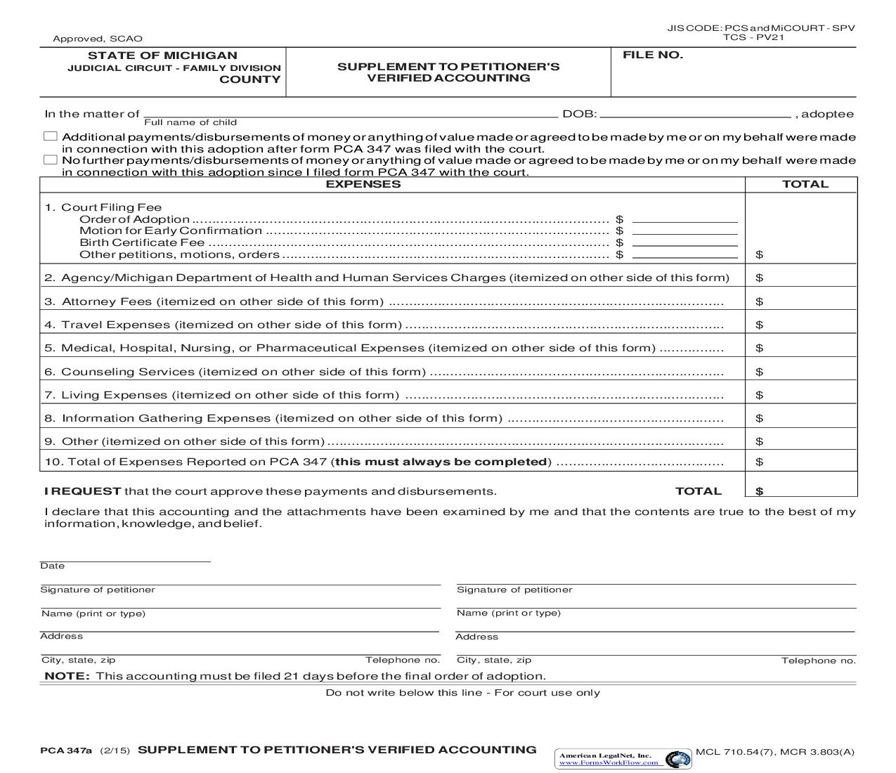 Supplement To Petitioners Verified Accounting {PCA 347a} | Pdf Fpdf Doc Docx | Michigan
