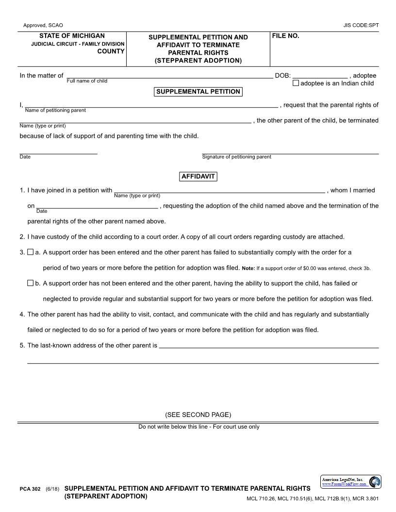 Supplemental Petition To Terminate Rights Of Noncustodial Parent {PCA 302} | Pdf Fpdf Docx | Michigan