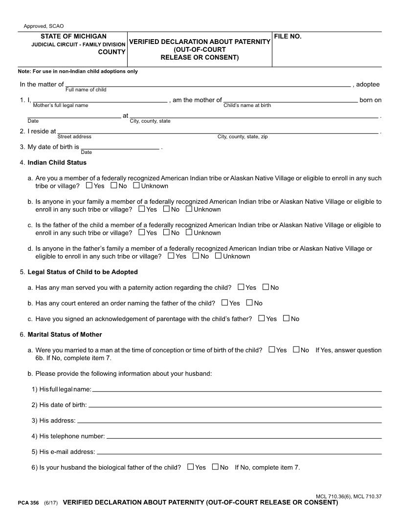 Verified Declaration About Paternity {PCA 356} | Pdf Fpdf Docx | Michigan