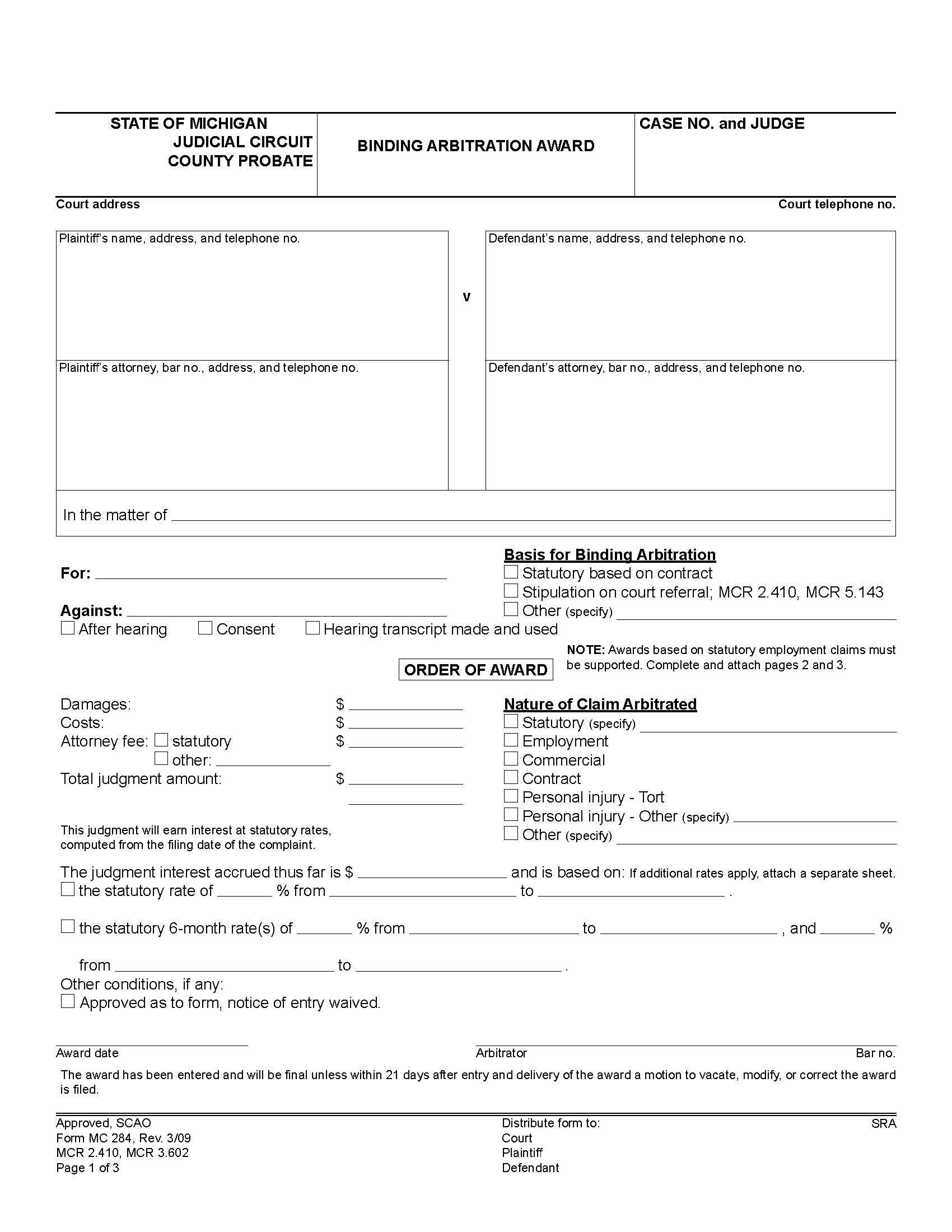 Binding Arbitration Award {MC 284} | Pdf Fpdf Doc Docx | Michigan