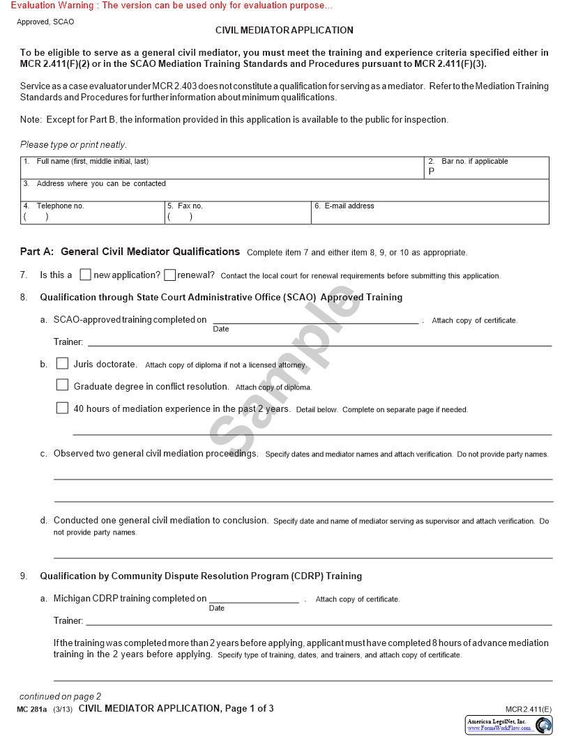 Civil Mediator Application {MC 281a} | Pdf Fpdf Doc Docx | Michigan