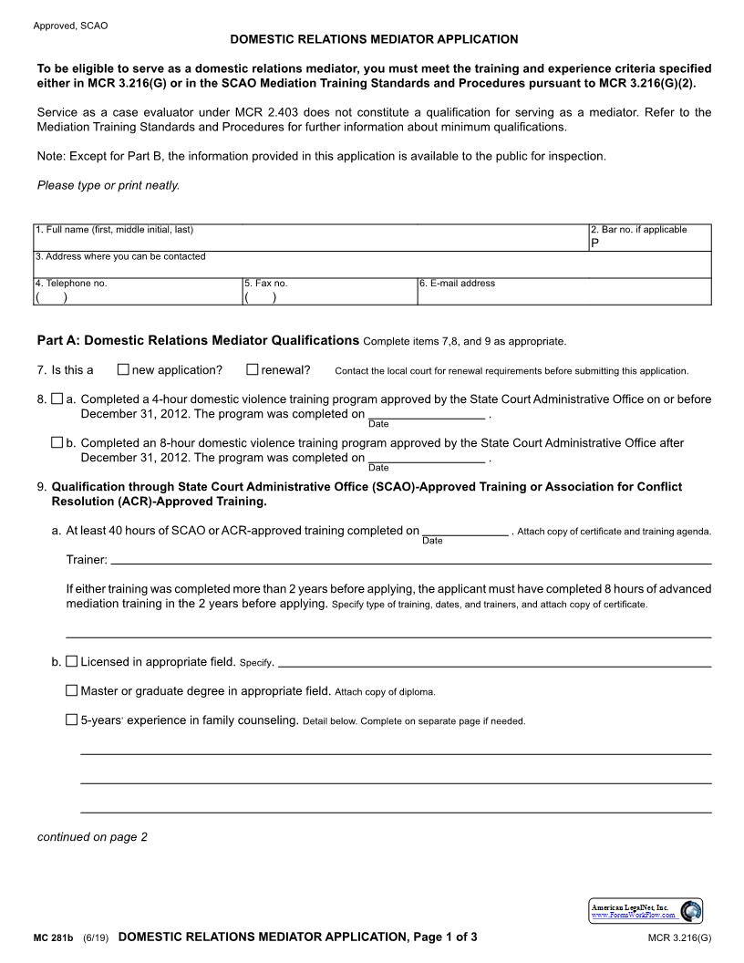 Domestic Relations Mediator Application {MC 281b} | Pdf Fpdf Docx | Michigan