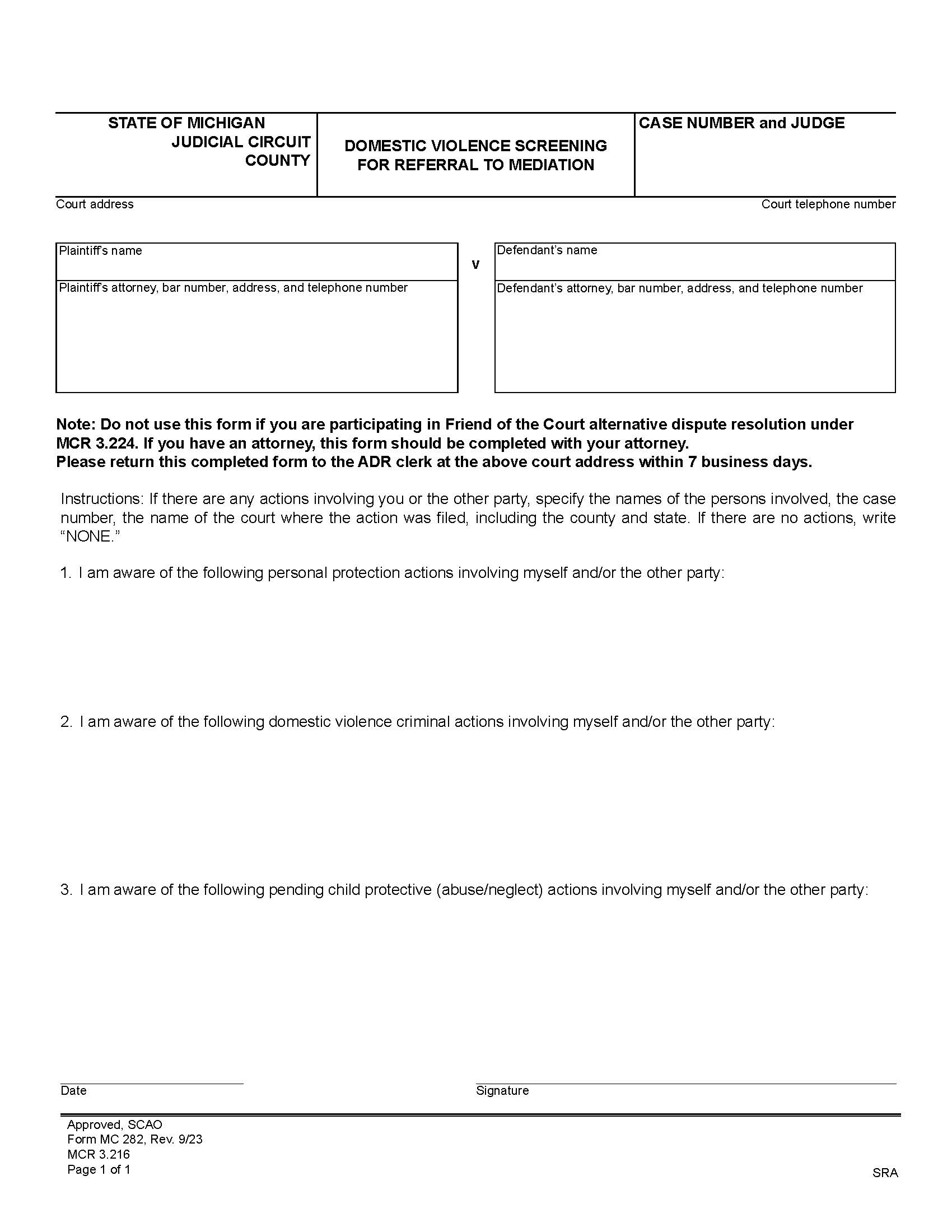 Domestic Violence Screening For Referral To Mediation {MC 282} | Pdf Fpdf Doc Docx | Michigan
