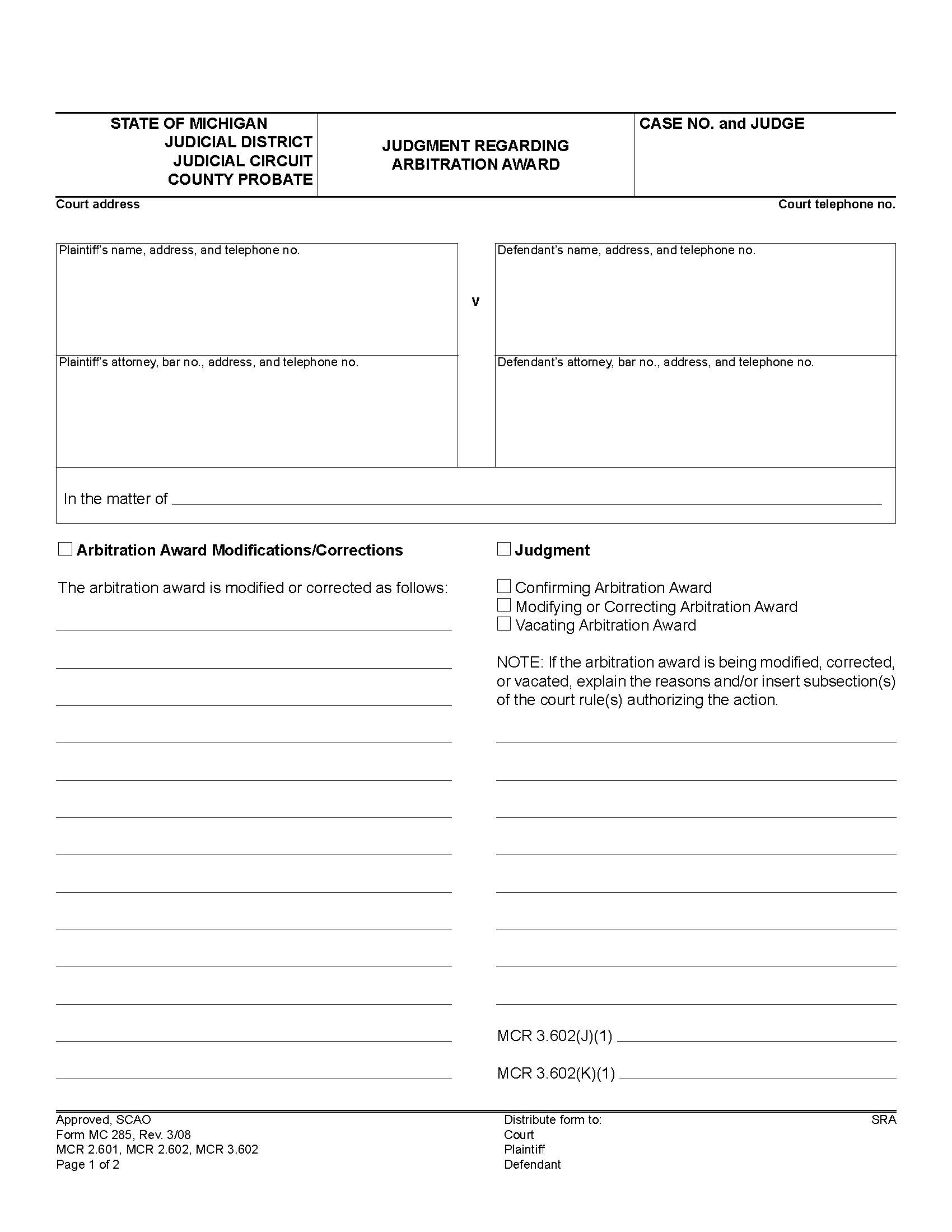 Judgment Regarding Arbitration Award {MC 285} | Pdf Fpdf Doc Docx | Michigan