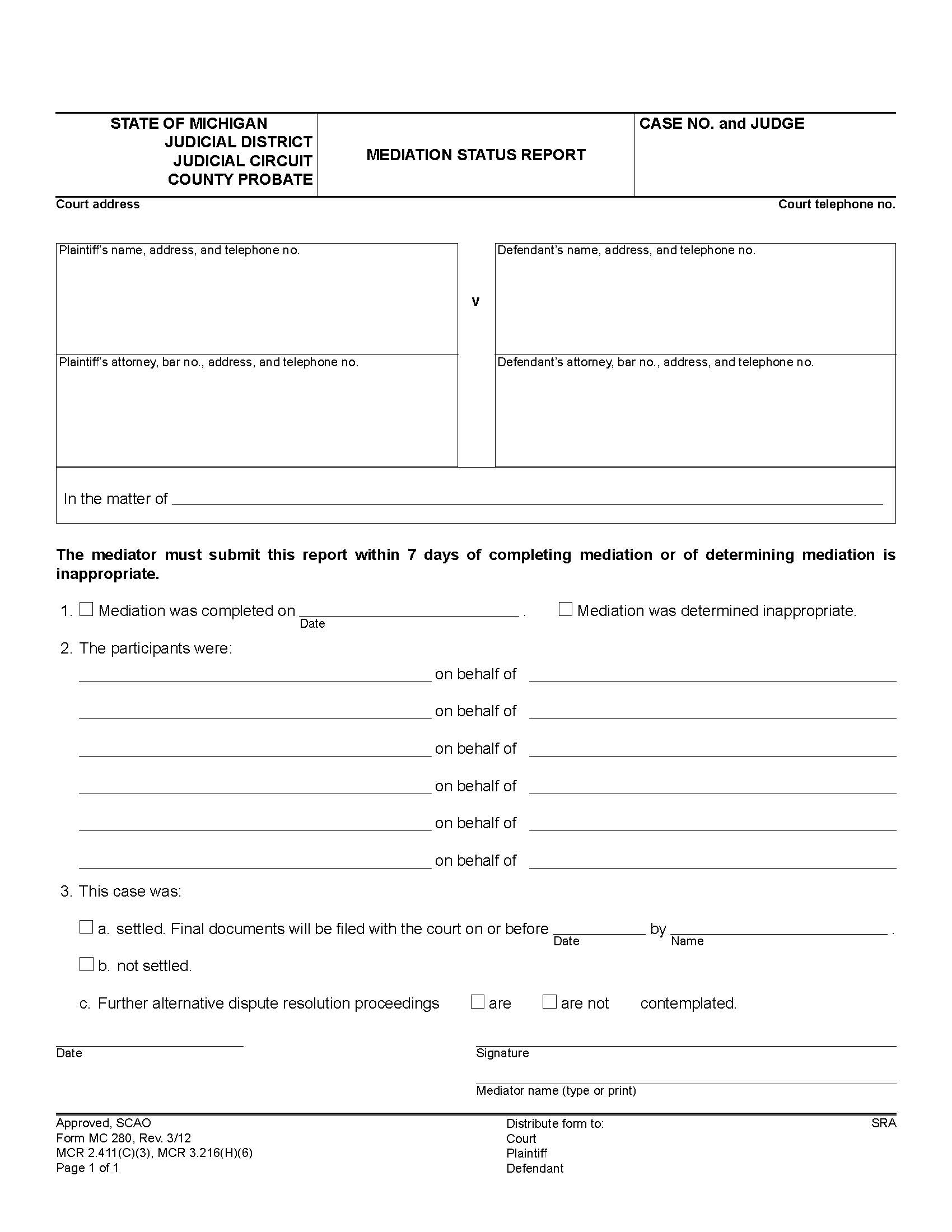 Mediation Status Report {MC 280} | Pdf Fpdf Doc Docx | Michigan