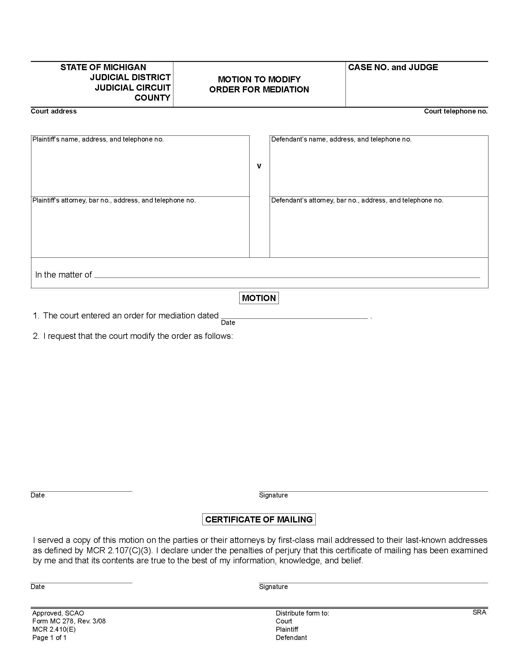 Motion To Modify Order For Mediation {MC 278} | Pdf Fpdf Doc Docx | Michigan