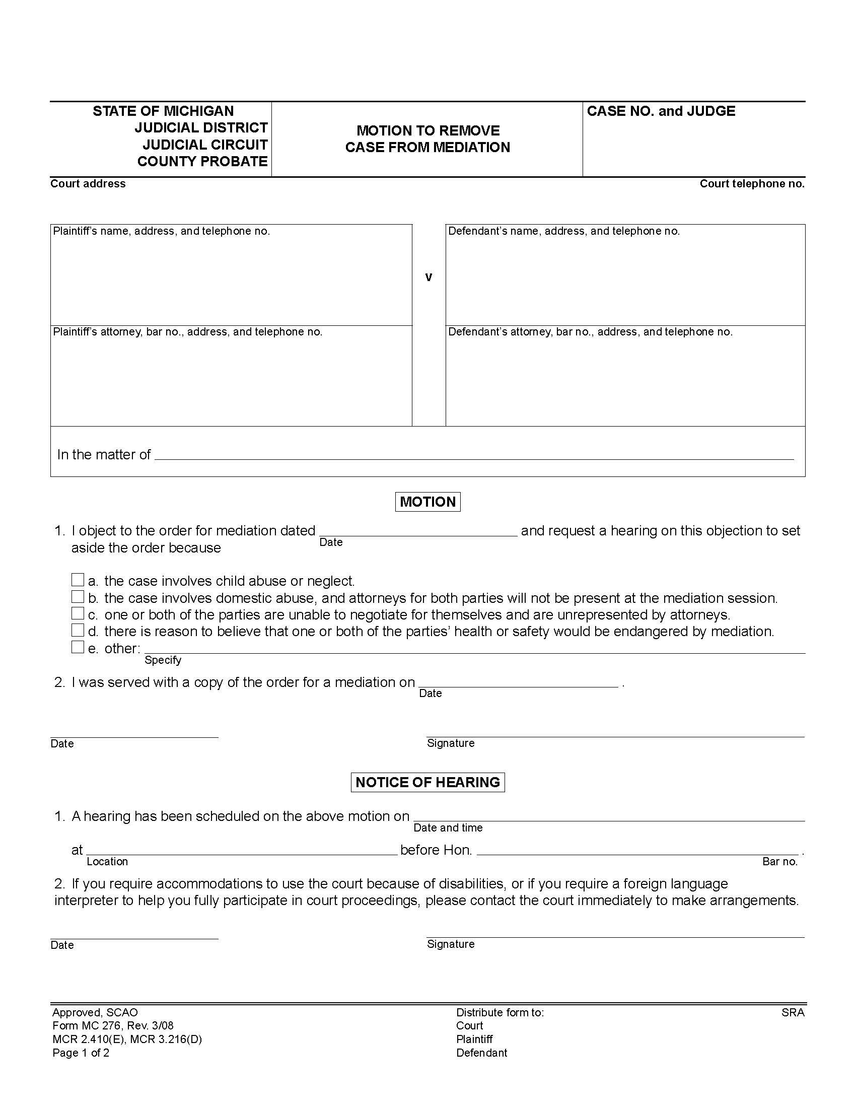 Motion To Remove Case From Mediation {MC 276} | Pdf Fpdf Doc Docx | Michigan