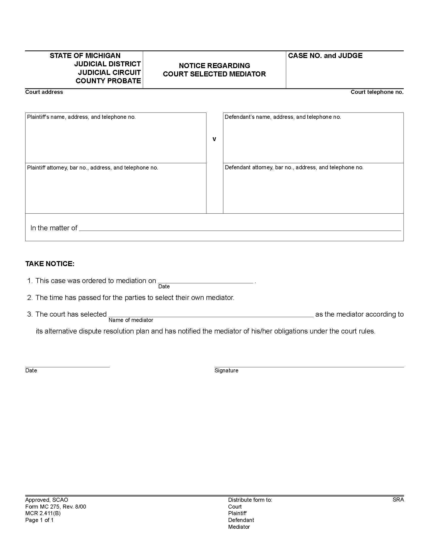 Notice Regarding Court Selected Mediator {MC 275} | Pdf Fpdf Doc Docx | Michigan