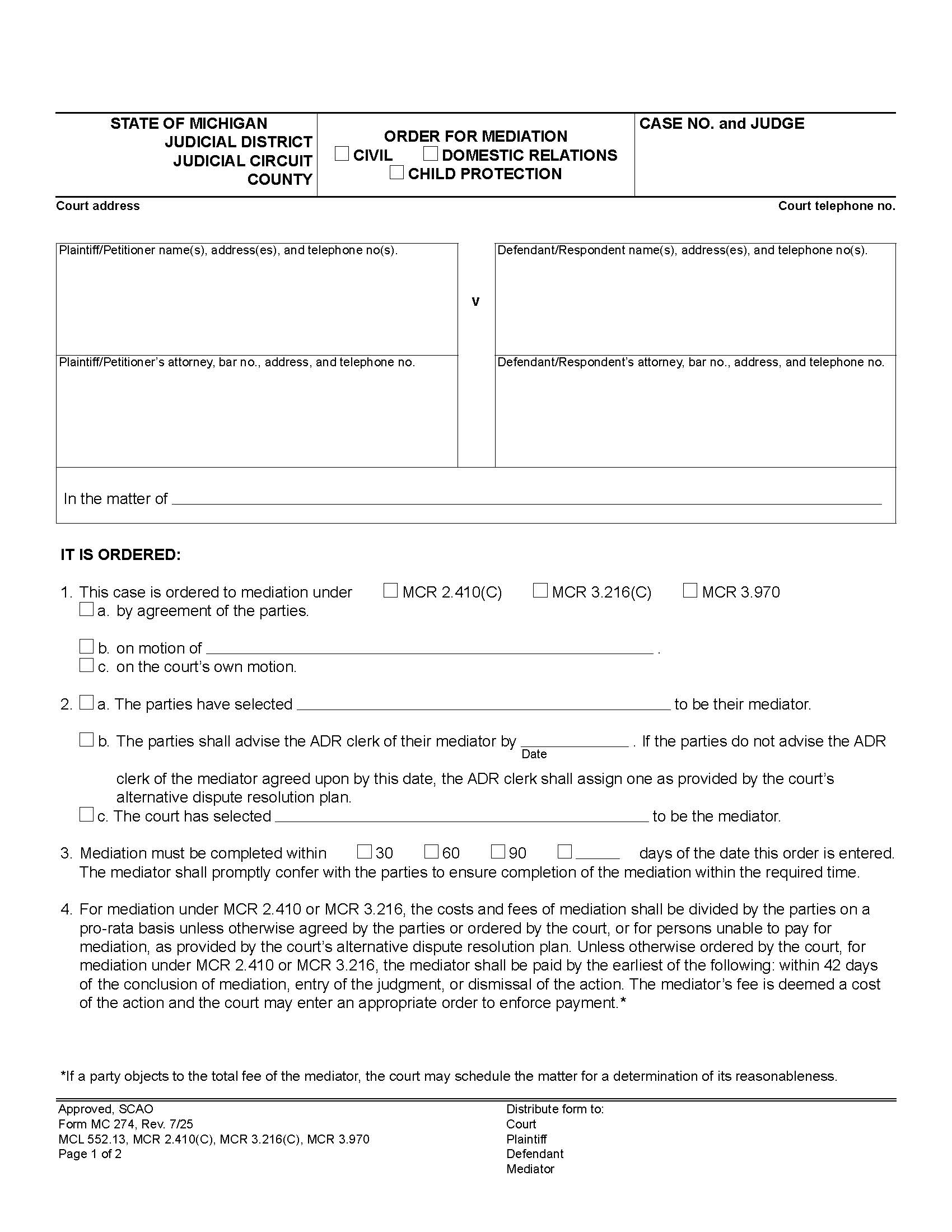 Order For Mediation (Civil Or Domestic Relations) {MC 274} | Pdf Fpdf Doc Docx | Michigan