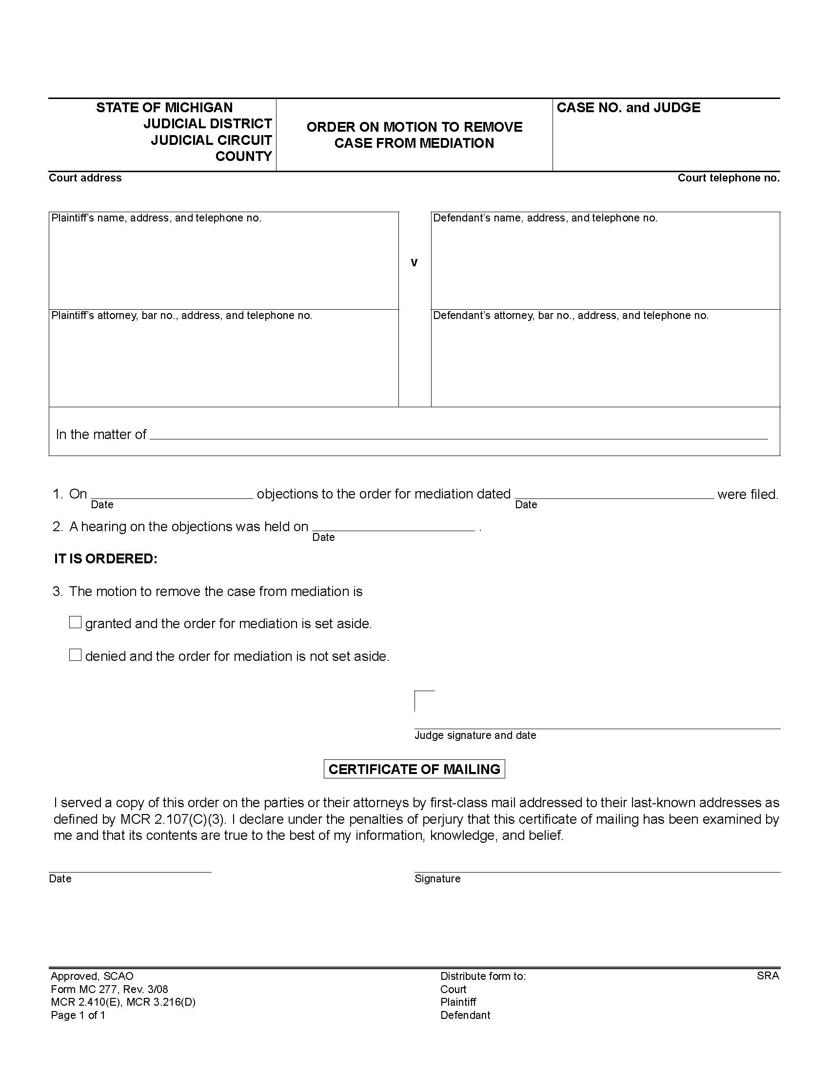 Order On Motion To Remove Case From Mediation {MC 277} | Pdf Fpdf Doc Docx | Michigan