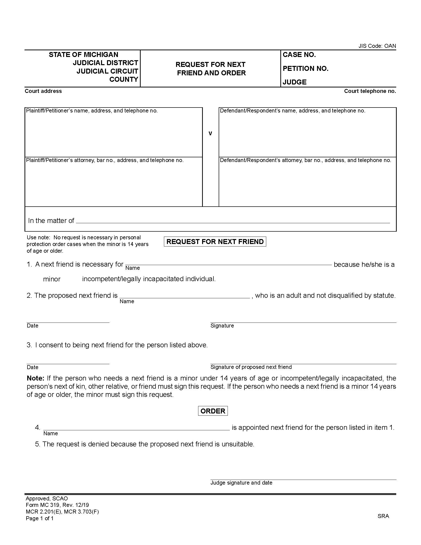 Request For Next Friend And Order {MC 319} | Pdf Fpdf Docx | Michigan