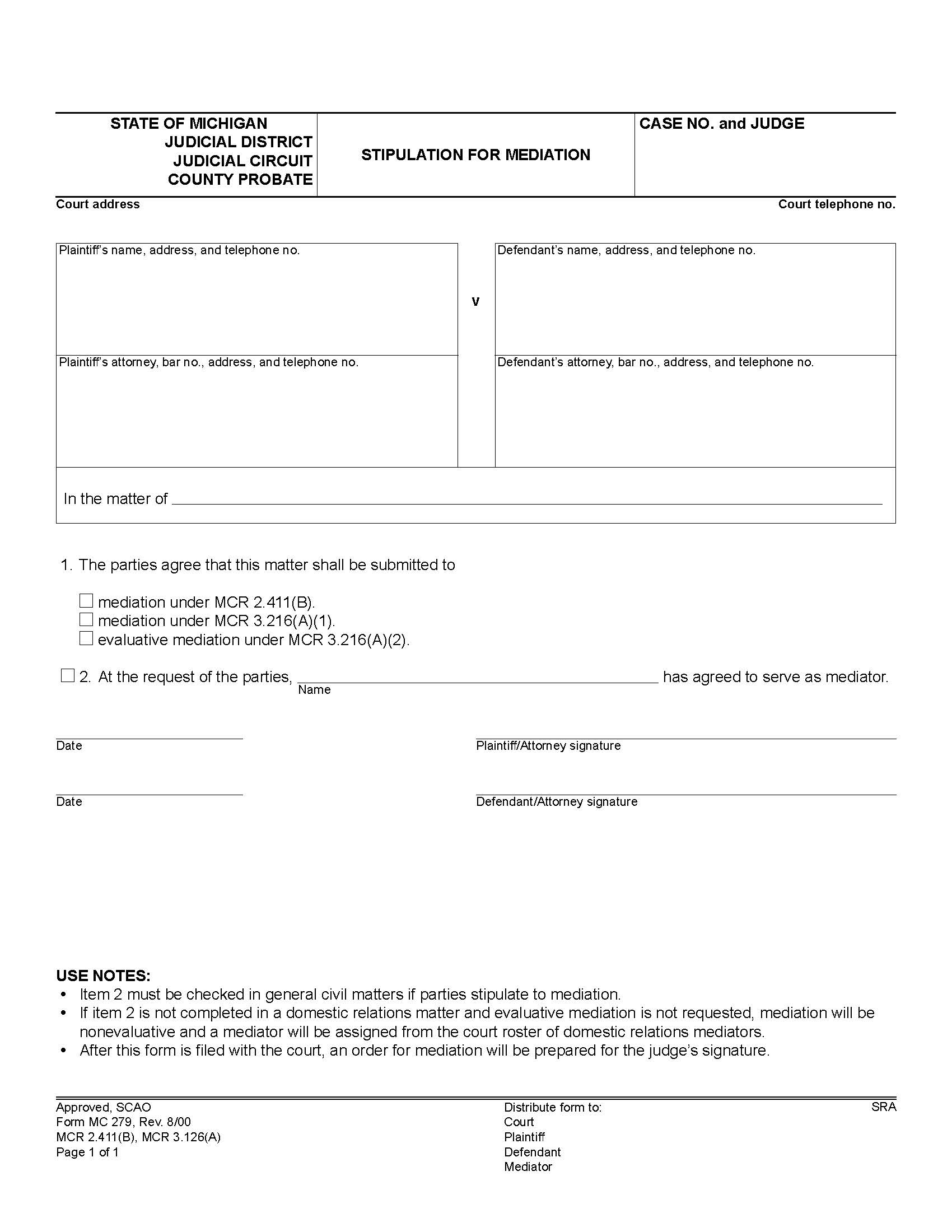 Stipulation For Mediation {MC 279} | Pdf Fpdf Doc Docx | Michigan