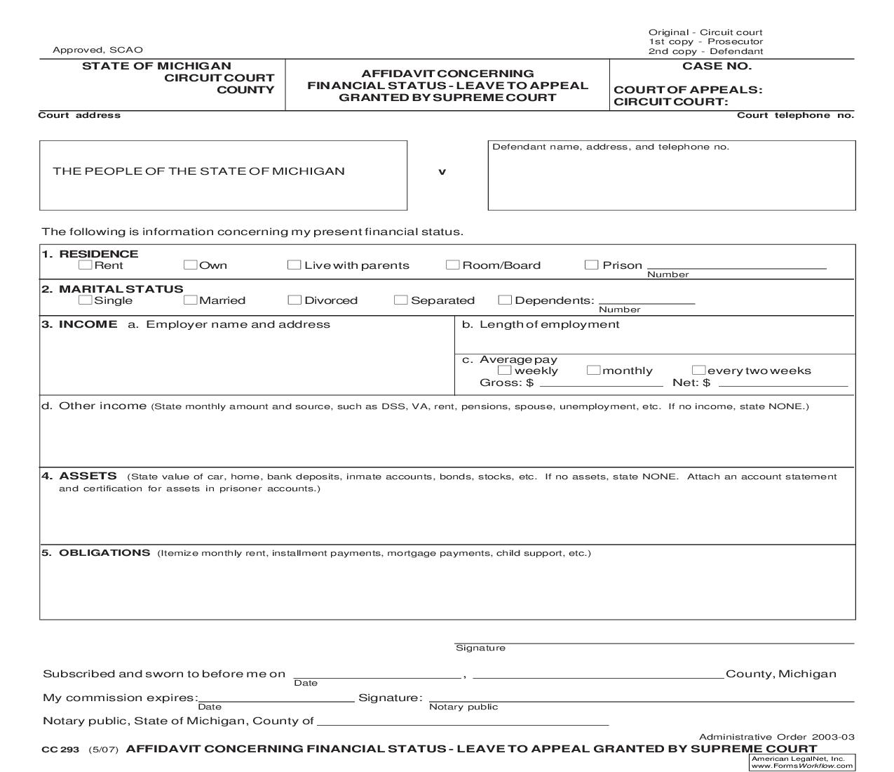 Affidavit Concerning Financial Status - Leave To Appeal Granted By Supreme Court {CC 293} | Pdf Fpdf Doc Docx | Michigan