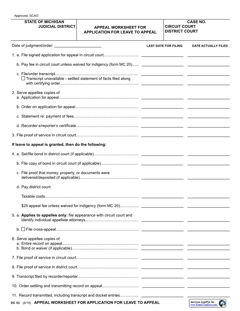 Appeal Worksheet For Application For Leave To Appeal {DC 53} | Pdf Fpdf Docx | Michigan