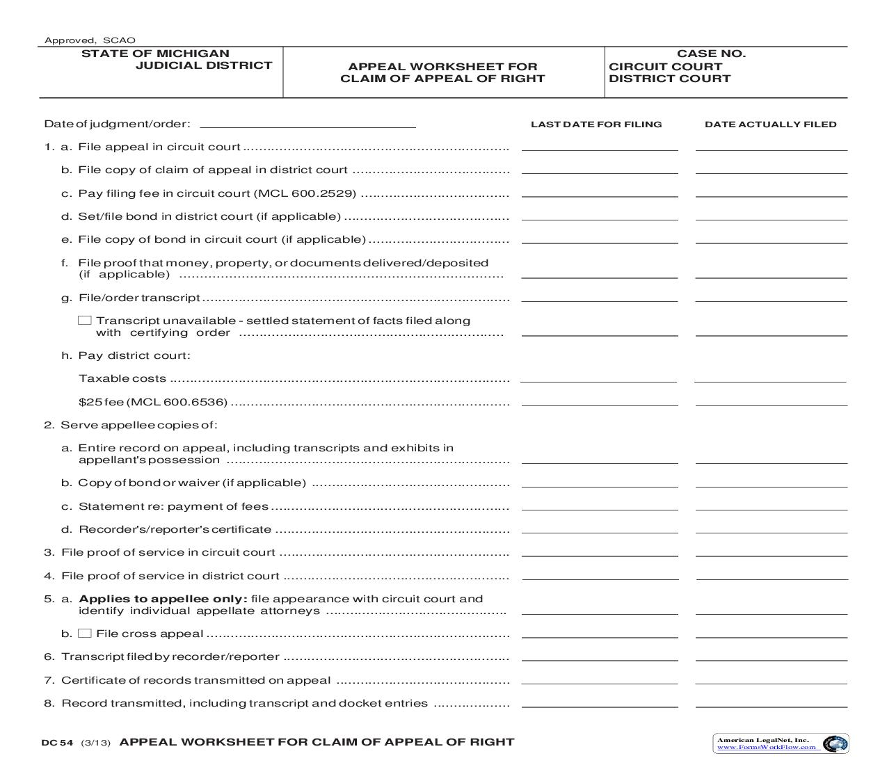Appeal Worksheet For Claim Of Appeal Of Right {DC 54} | Pdf Fpdf Docx | Michigan