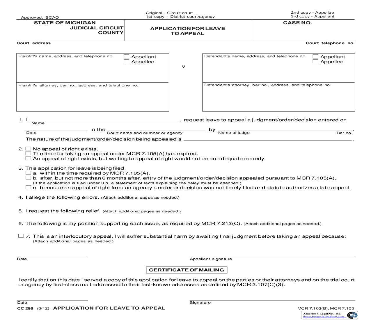 Application For Leave To Appeal And Notice Of Hearing {CC 298} | Pdf Fpdf Doc Docx | Michigan