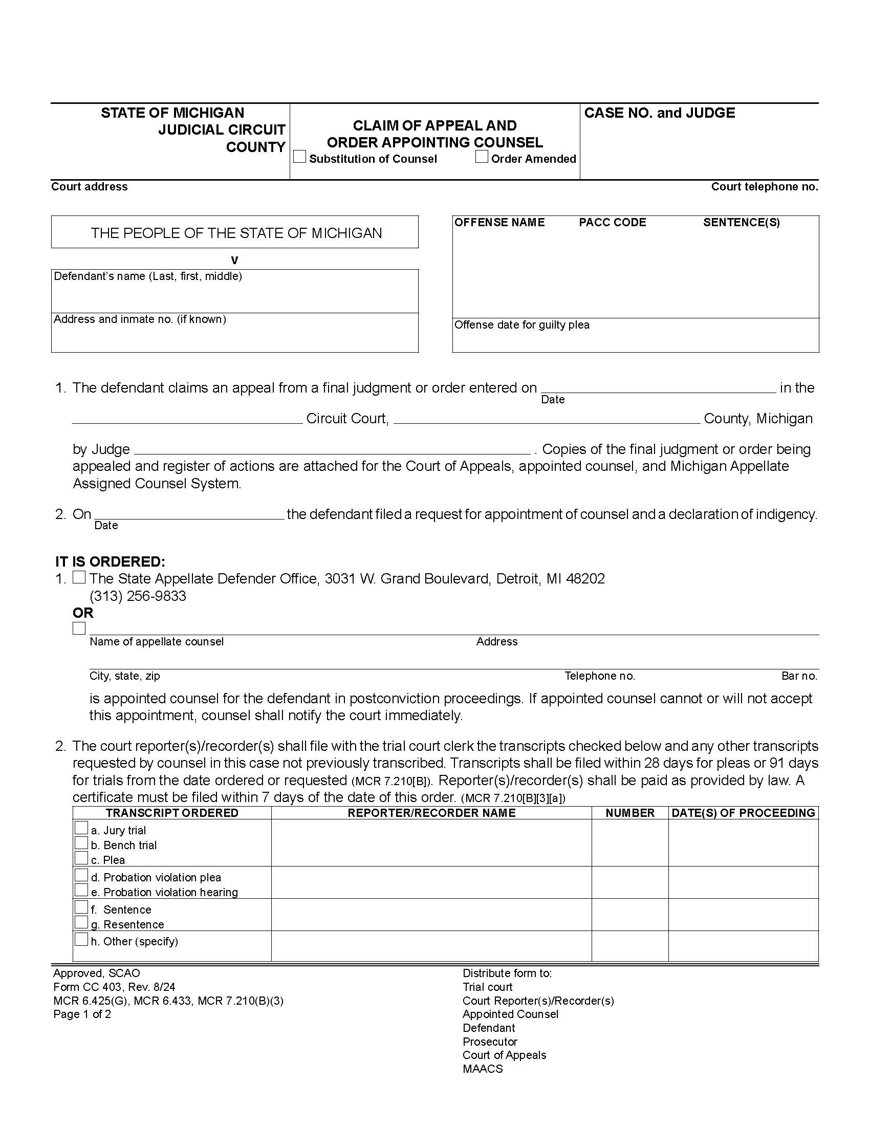 Claim Of Appeal And Order Appointing Counsel {CC 403} | Pdf Fpdf Doc Docx | Michigan