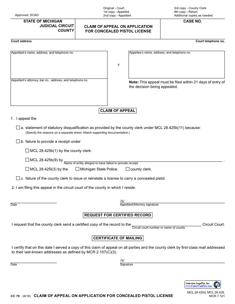 Claim Of Appeal On Denial Of Application For Concealed Weapon License {CC 79} | Pdf Fpdf Docx | Michigan