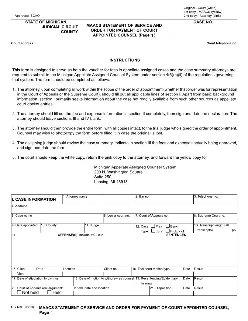 MAACS Statement Of Service And Order For Payment Of Court Appointed Counsel {CC 401} | Pdf Fpdf Doc Docx | Michigan
