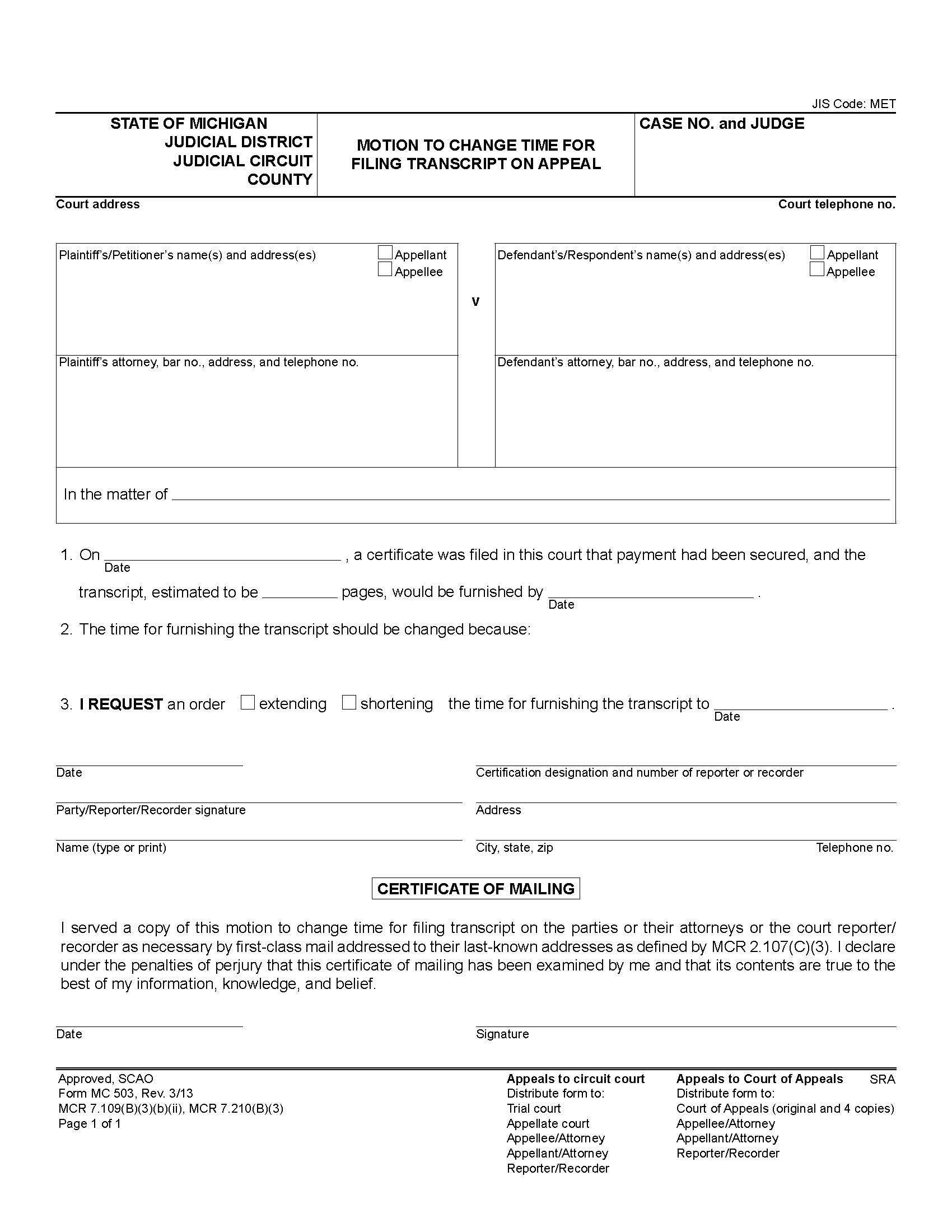 Motion To Extend Time For Filing Transcript On Appeal {MC 503} | Pdf Fpdf Doc Docx | Michigan